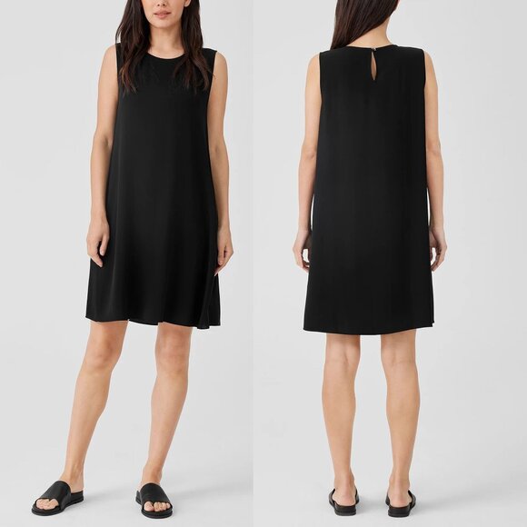 Eileen Fisher 100% Silk Georgette Crepe Round Neck Dress Black Petite XS PP $349 - Picture 2 of 14